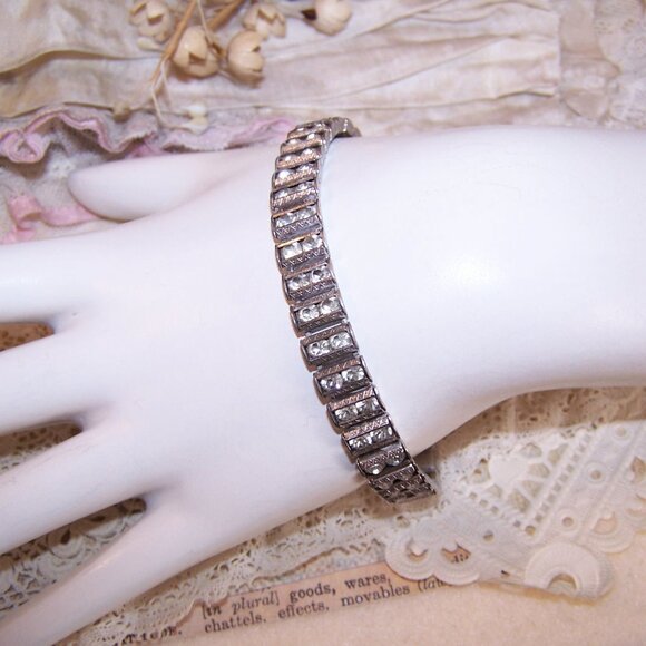 Art Deco Catamore Sterling Silver Rhinestone Line Bracelet - 7" Long - Picture 5 of 11